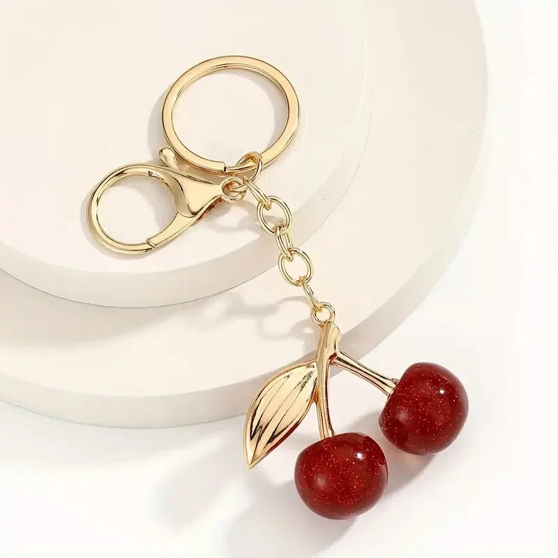 Dark Red Cherry Bag Charm & Keychain – Gold-Tone Finish
