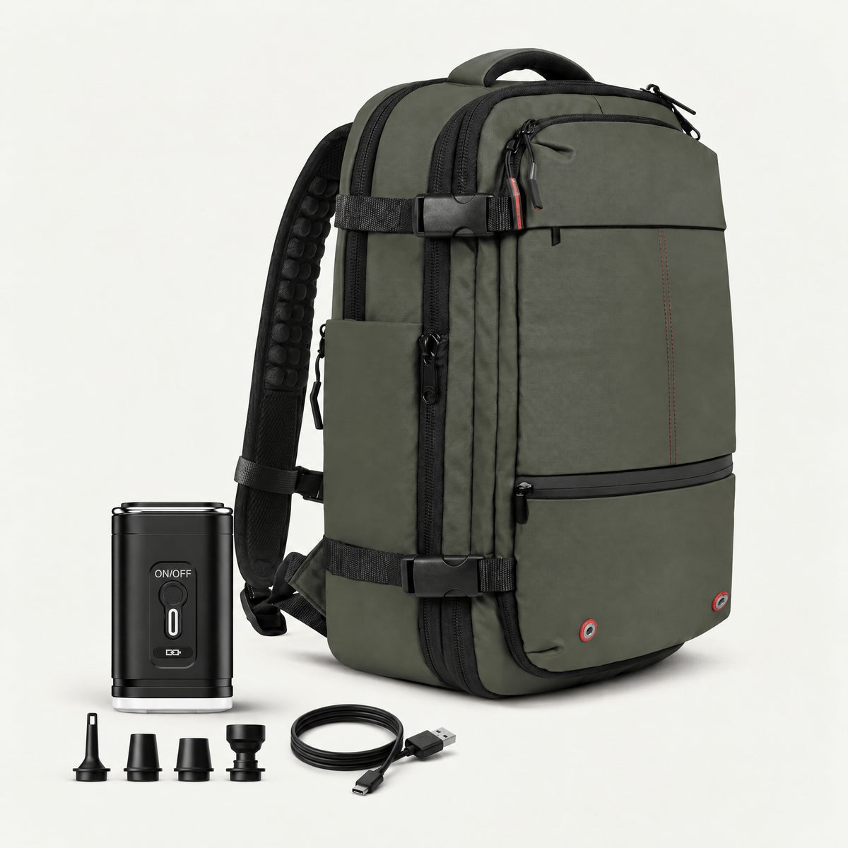 The Sunday vacuum compression backpack 60L in green with electric air pump