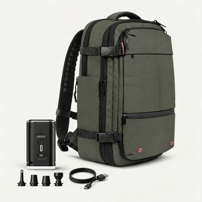 The Sunday vacuum compression backpack 60L in green with electric air pump