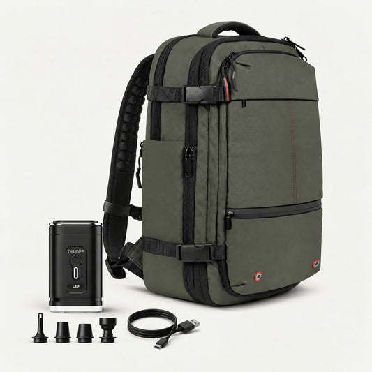 The Sunday vacuum compression backpack 60L in green with electric air pump