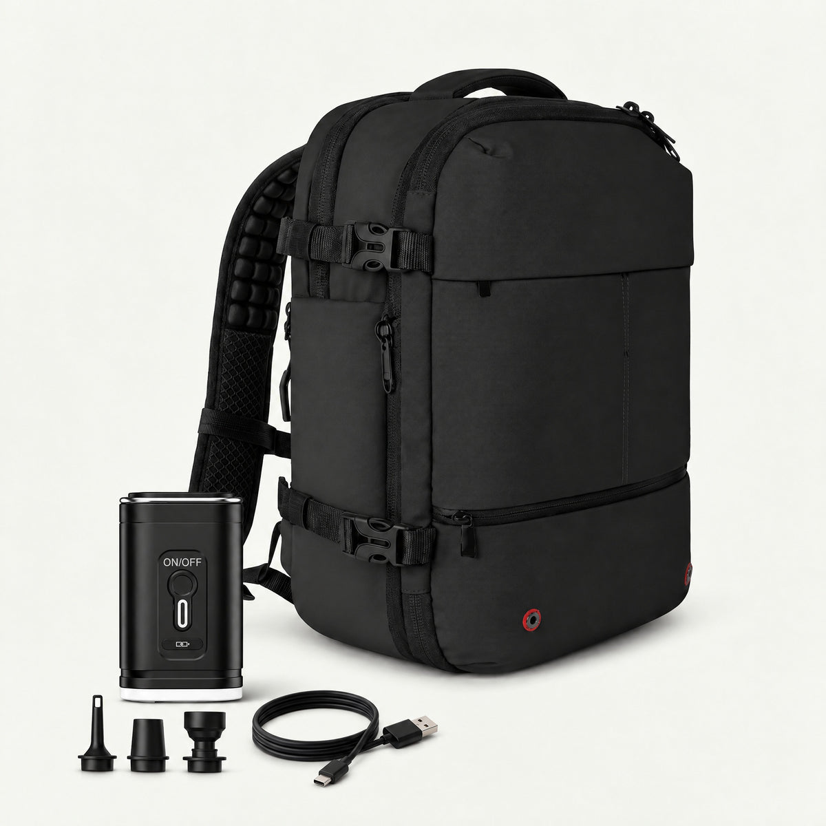 The Sunday vacuum compression backpack 60L in black with electric air pump