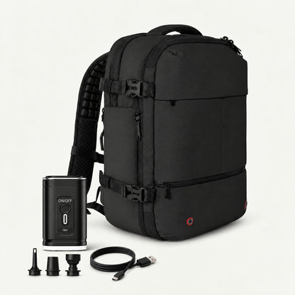 The Sunday vacuum compression backpack 60L in black with electric air pump
