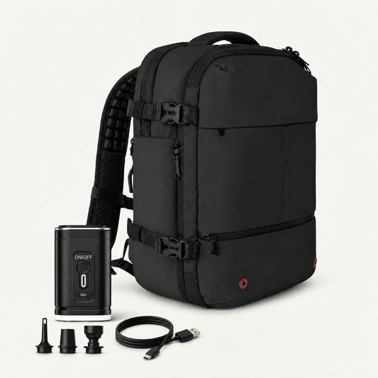 The Sunday vacuum compression backpack 60L in black with electric air pump