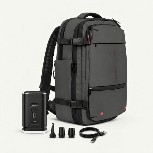 The Sunday vacuum compression backpack 60L in grey with electric air pump