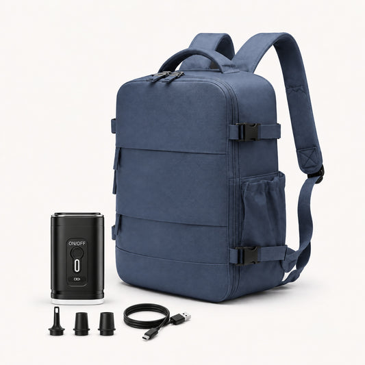 The Commuter personal item backpack 35L in blue with electric air pump
