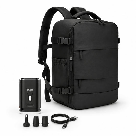 The Commuter personal item backpack 35L in black with electric air pump