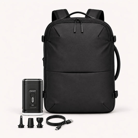 The Weekender underseat cabin backpack 45L in black with electric air pump