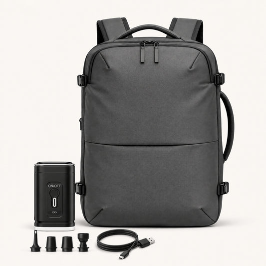 The Weekender underseat cabin backpack 45L in grey with electric air pump