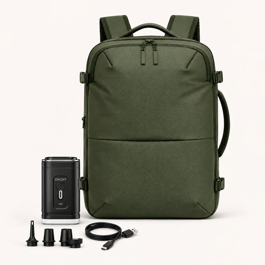 The Weekender underseat cabin backpack 45L in green with electric air pump