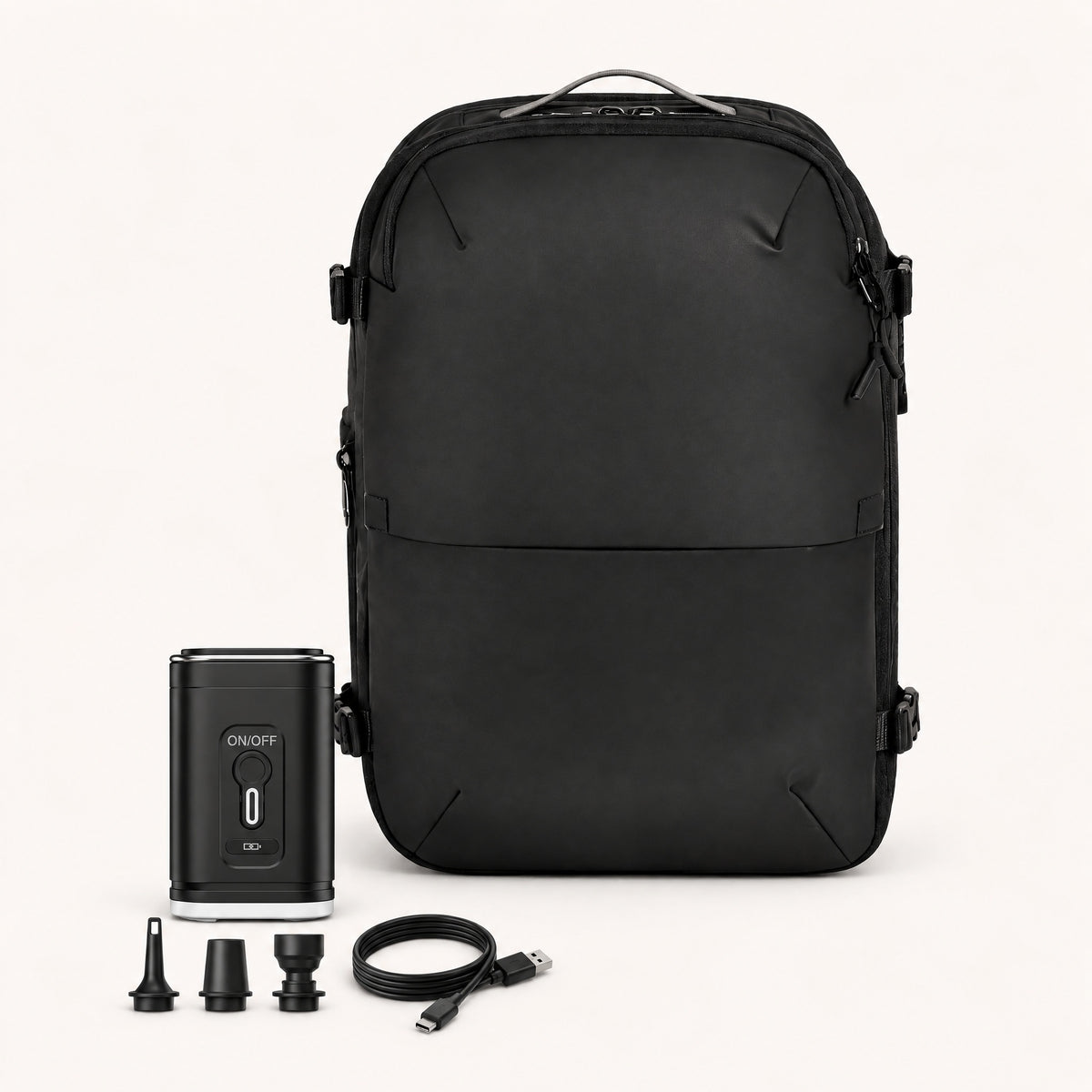 The Everyday carry-on backpack 60L in black with electric air pump
