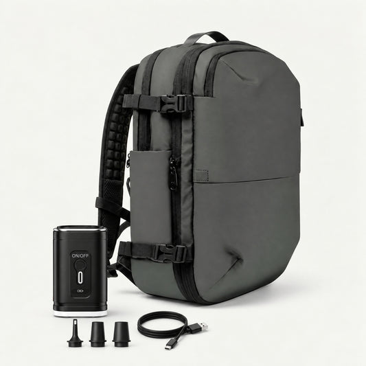 The Everyday carry-on backpack 60L in grey with electric air pump