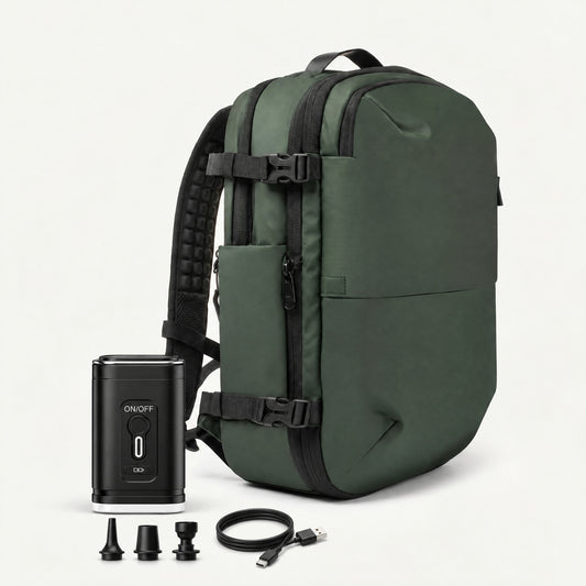 The Everyday carry-on backpack 60L in green with electric air pump