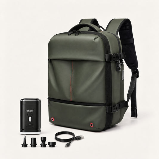 The Overnighter underseat cabin backpack 45L in army green with electric air pump