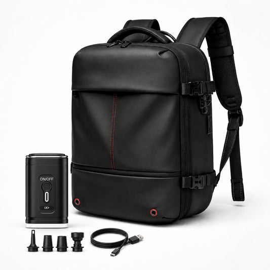 The Overnighter underseat cabin backpack 45L in black with electric air pump