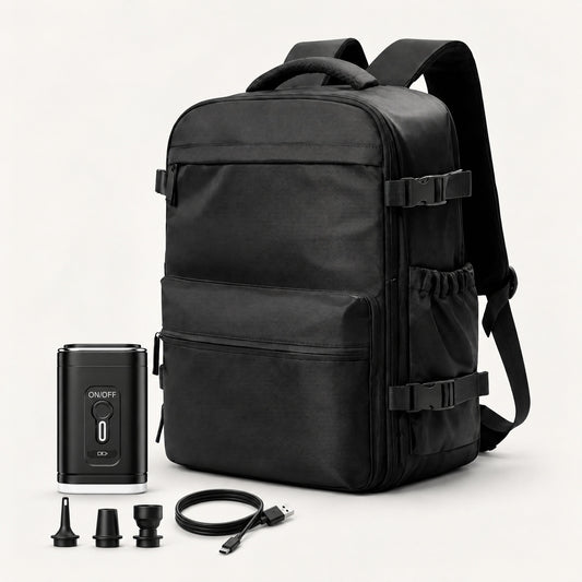 The Daily underseat cabin backpack 35L in black with electric air pump