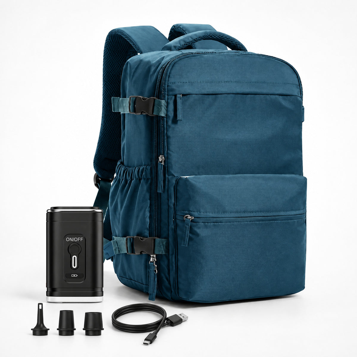 The Daily underseat cabin backpack 35L in blue with electric air pump