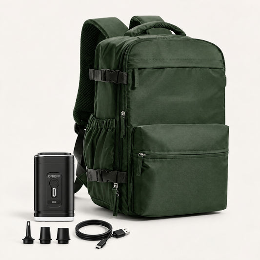 The Daily underseat cabin backpack 35L in green with electric air pump
