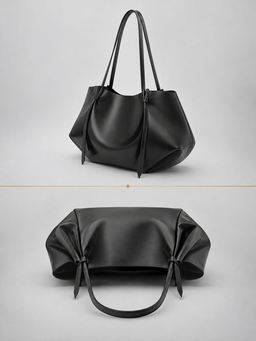 Slouchy Vegan Leather Tote Bag | Potsdam — black tote, three-quarter view and lying flat