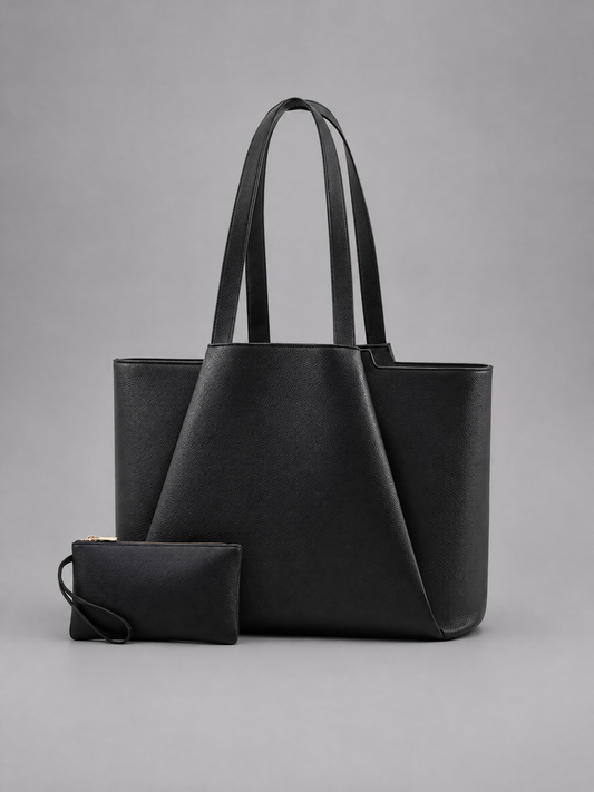 Vegan Leather Laptop Tote & Pouch | Heidelberg — black tote and matching pouch, front view