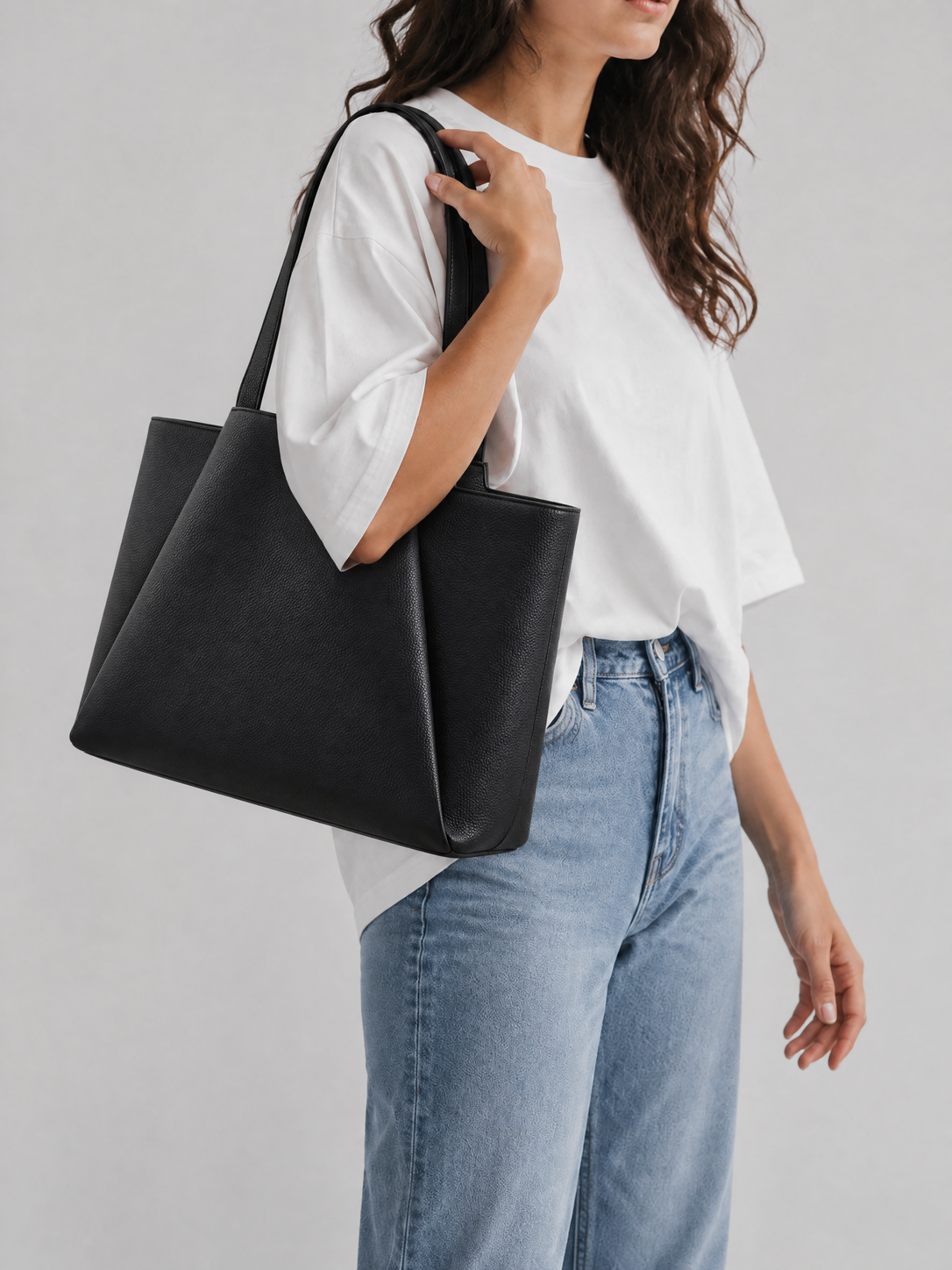 Vegan Leather Laptop Tote & Pouch | Heidelberg — black tote styled with a white T-shirt
