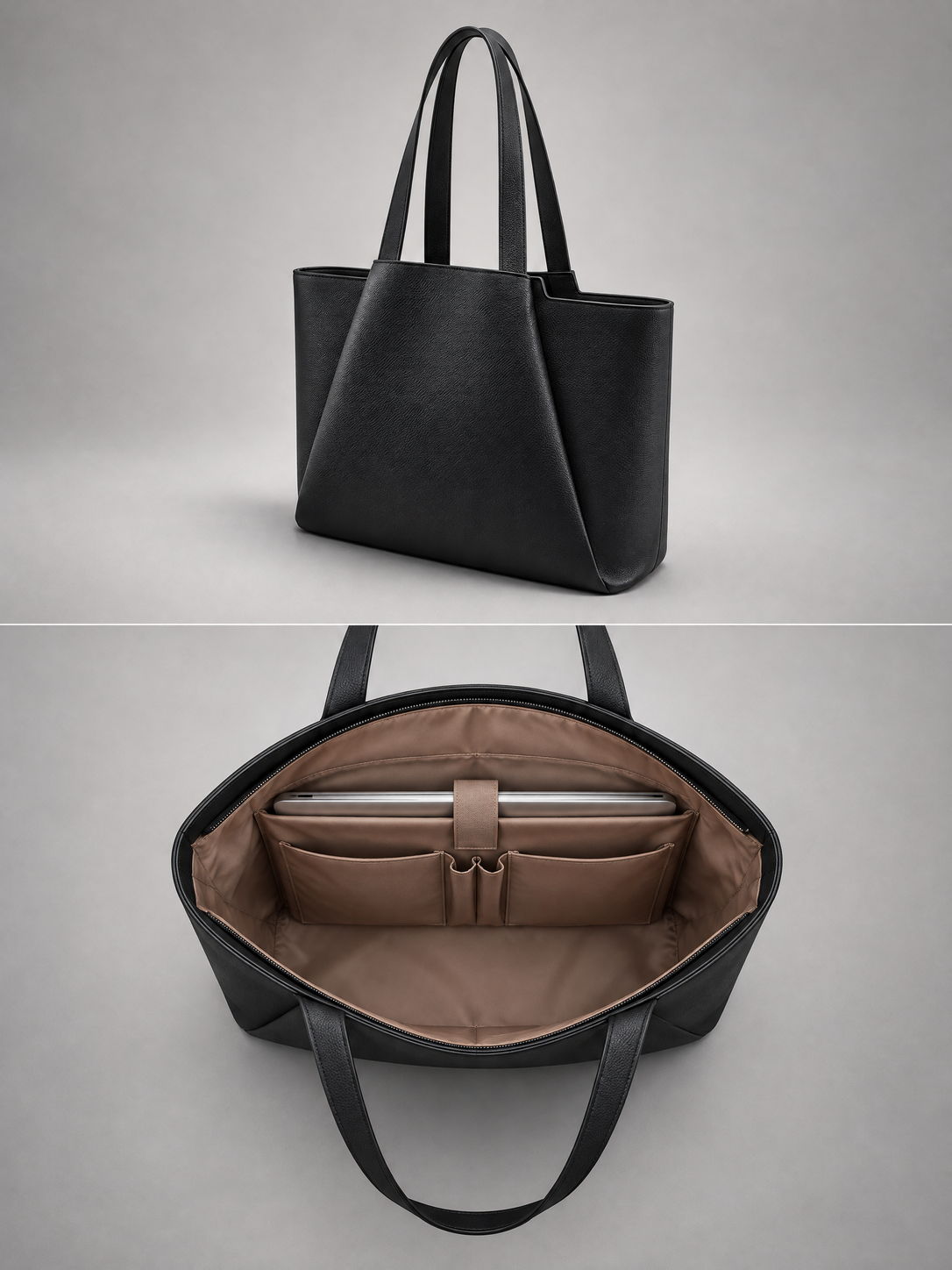 Vegan Leather Laptop Tote & Pouch | Heidelberg — three-quarter view and interior with laptop sleeve