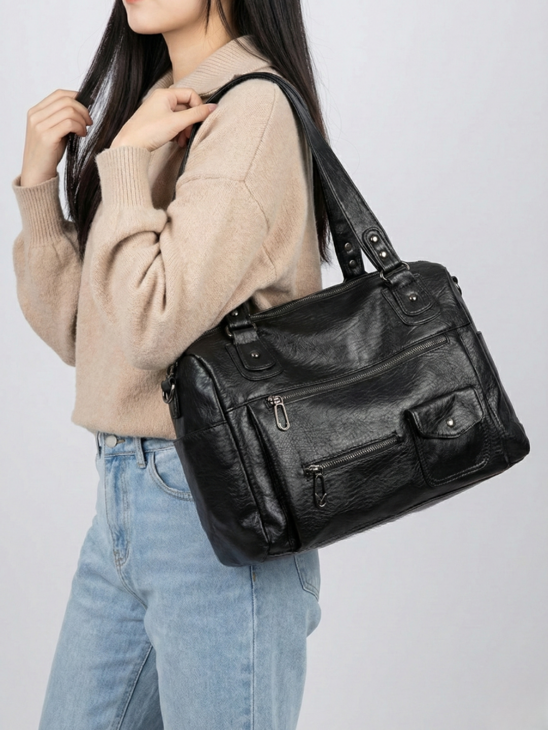 Big handbag for school with a spacious top-zip opening