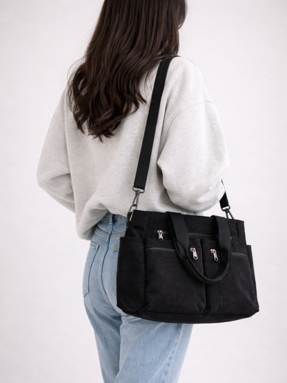 Black Corduroy Tote Bag for University