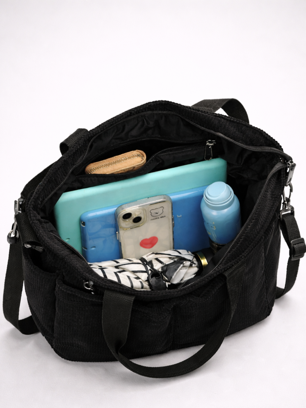 Black Corduroy Tote Bag for University