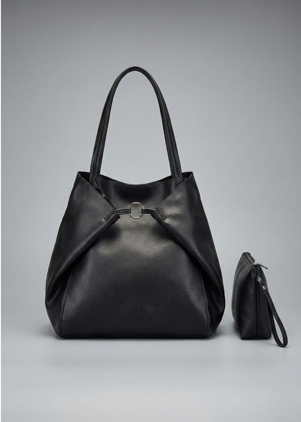 Black Leather Work Tote Bag | Ring-Fold Clasp Closure