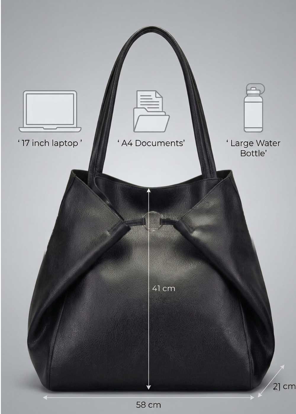 Black Leather Work Tote Bag | Ring-Fold Clasp Closure
