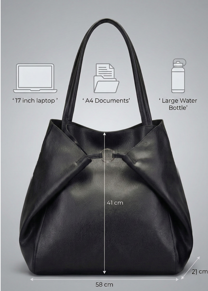 Black Leather Work Tote Bag | Ring-Fold Clasp Closure