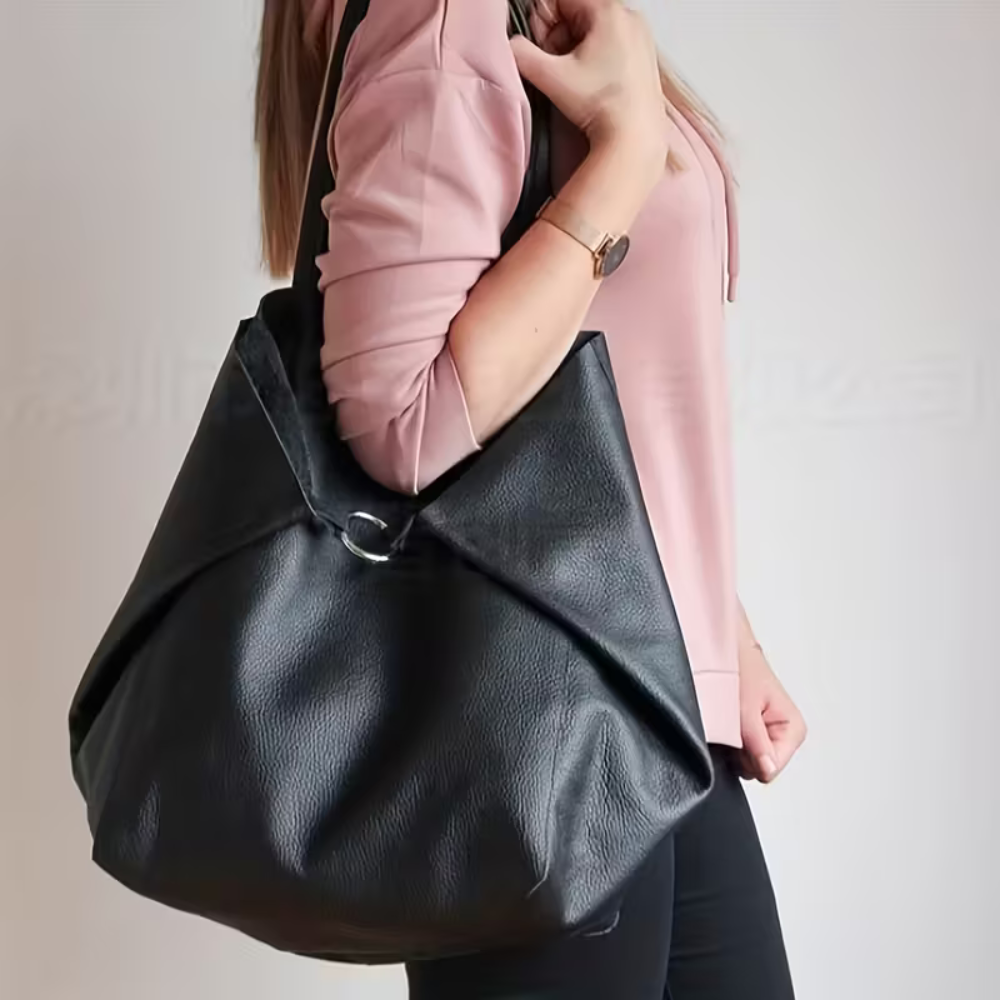 Black Leather Work Tote Bag | Ring-Fold Clasp Closure