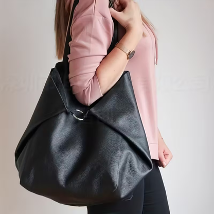 Black Leather Work Tote Bag | Ring-Fold Clasp Closure