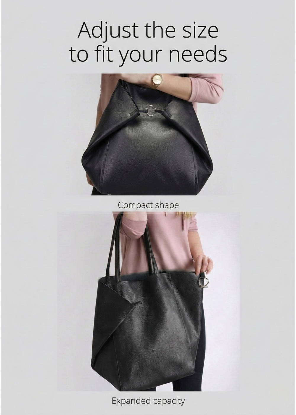 Black Leather Work Tote Bag | Ring-Fold Clasp Closure