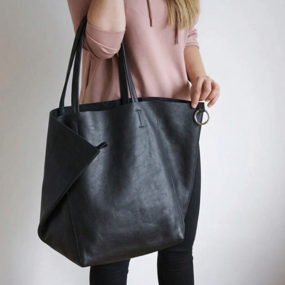 Black Leather Work Tote Bag | Ring-Fold Clasp Closure