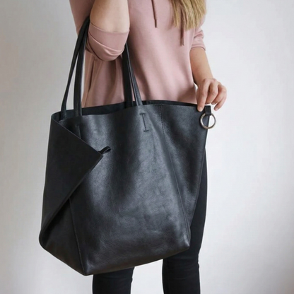 Black Leather Work Tote Bag | Ring-Fold Clasp Closure