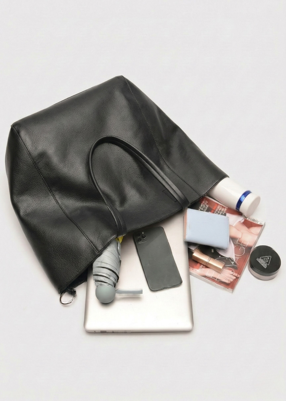 Black Leather Work Tote Bag | Ring-Fold Clasp Closure