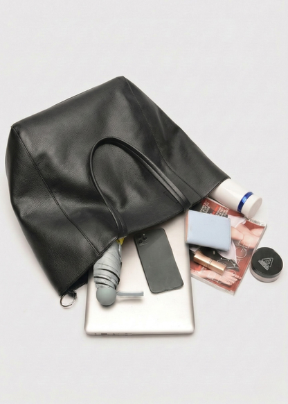 Black Leather Work Tote Bag | Ring-Fold Clasp Closure