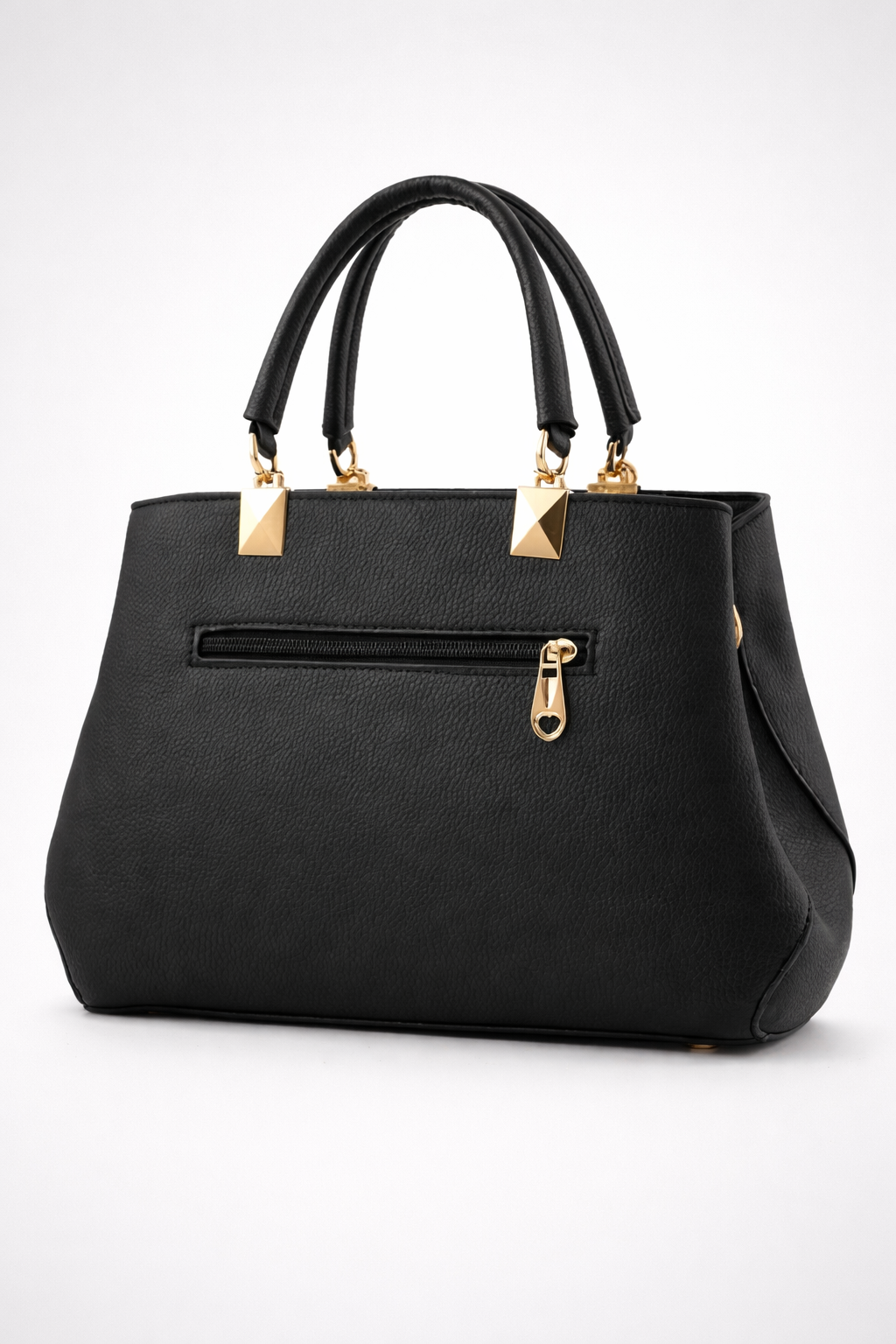 Black handbag with gold accents on a white background