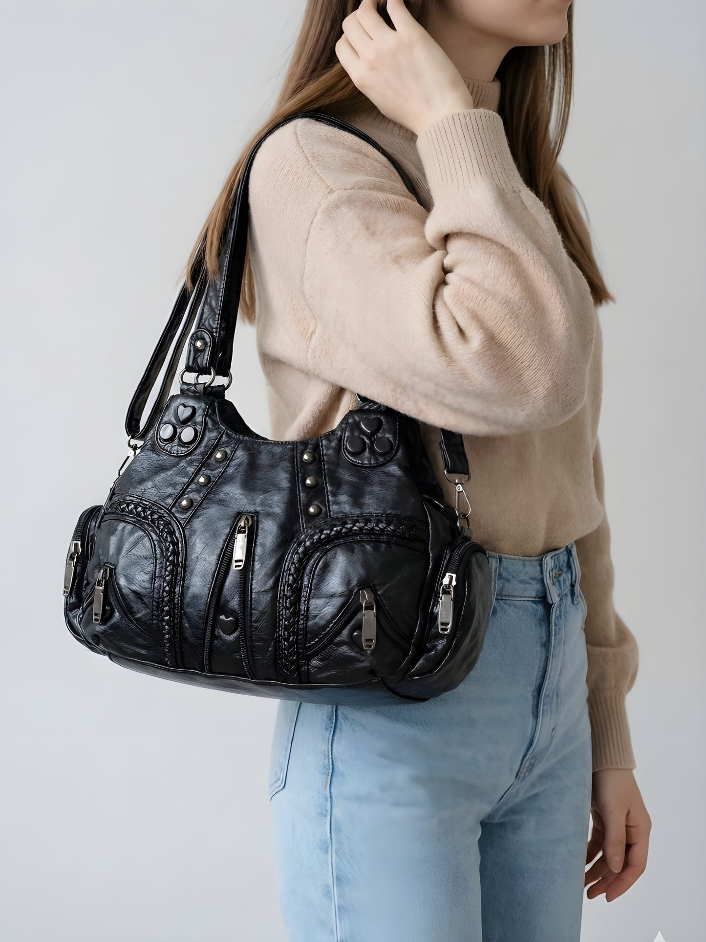 Black compact shoulder handbag for school