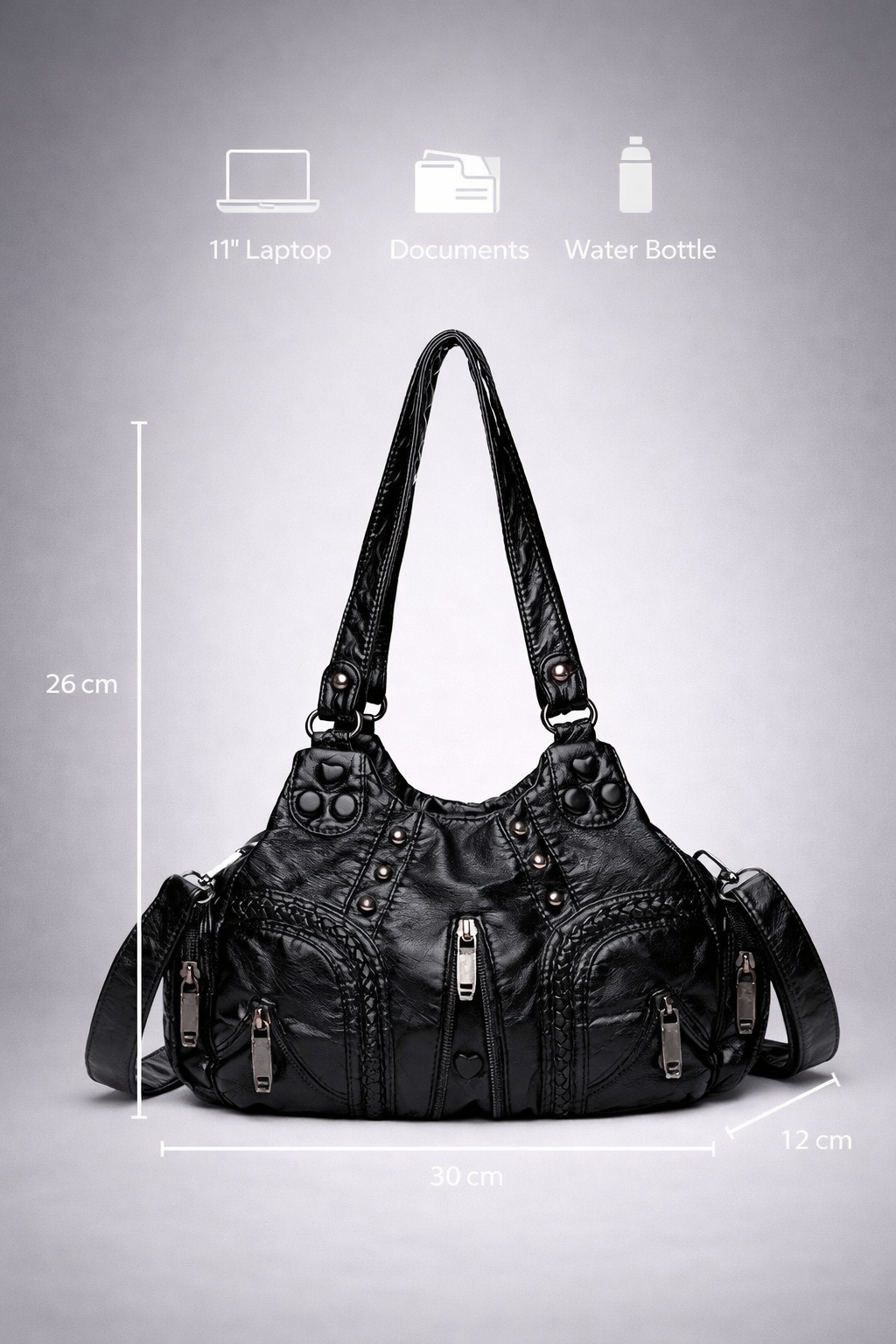 Black compact shoulder handbag for school