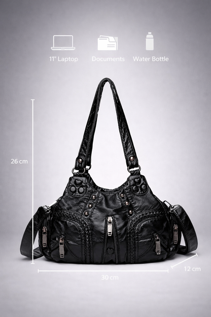 Black compact shoulder handbag for school