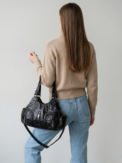 Black compact shoulder handbag for school