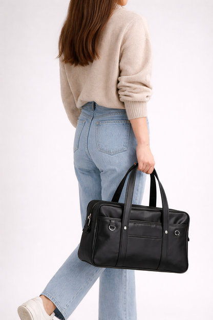 Black handbag for school in smooth vegan leather