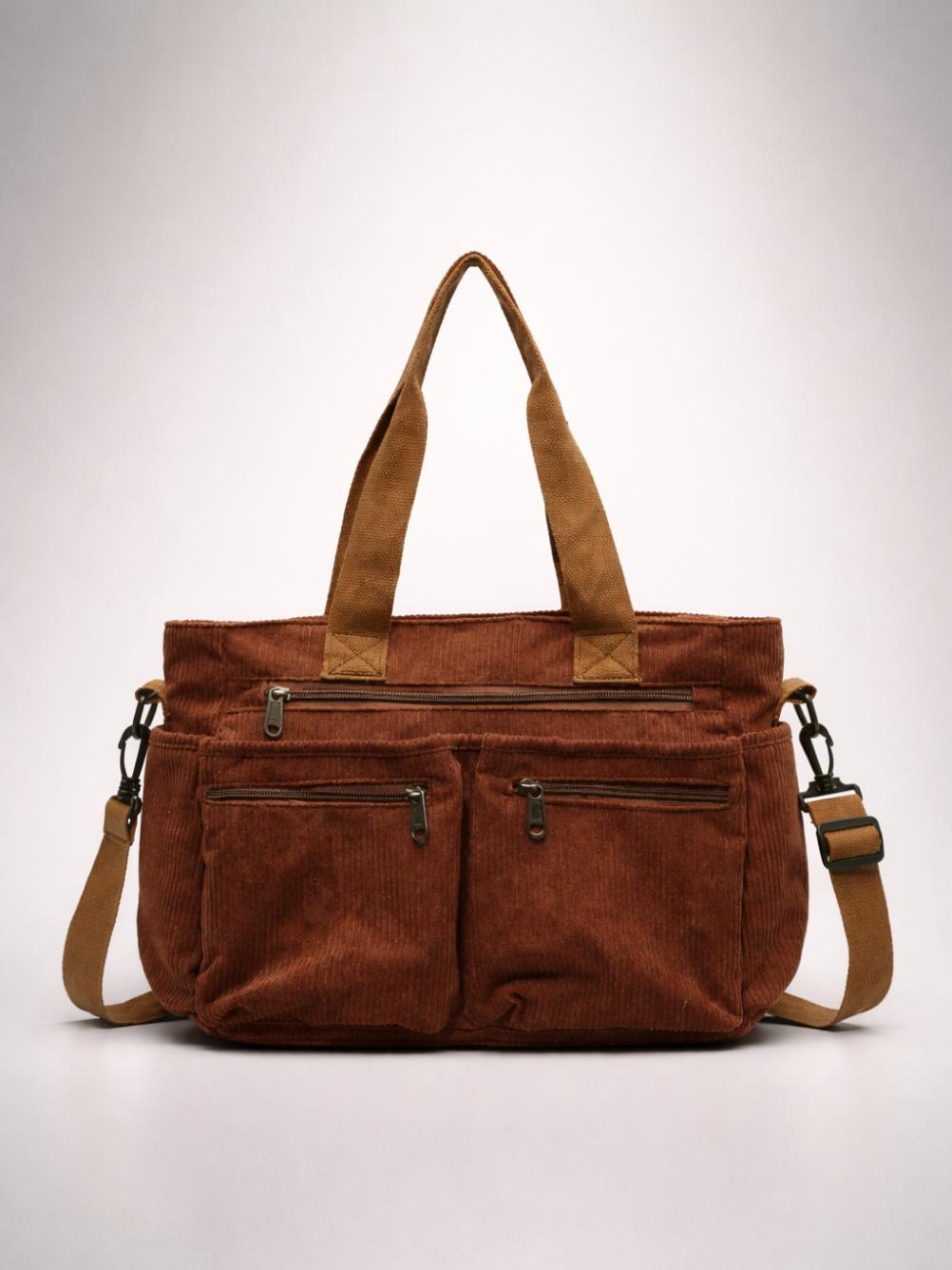 Brown Corduroy Multi-Pocket University Tote Bag – 36×28×14 cm