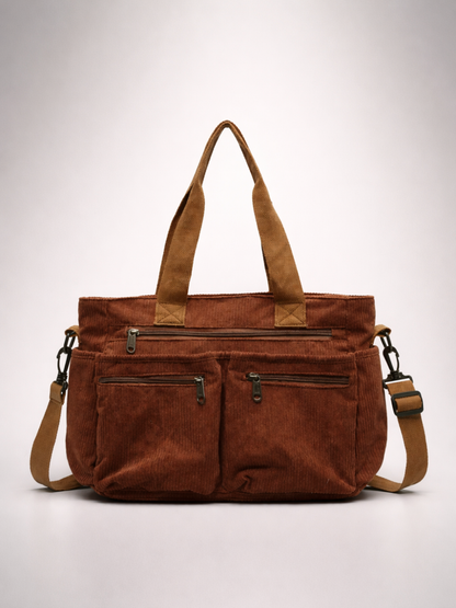Brown Corduroy Multi-Pocket University Tote Bag – 36×28×14 cm