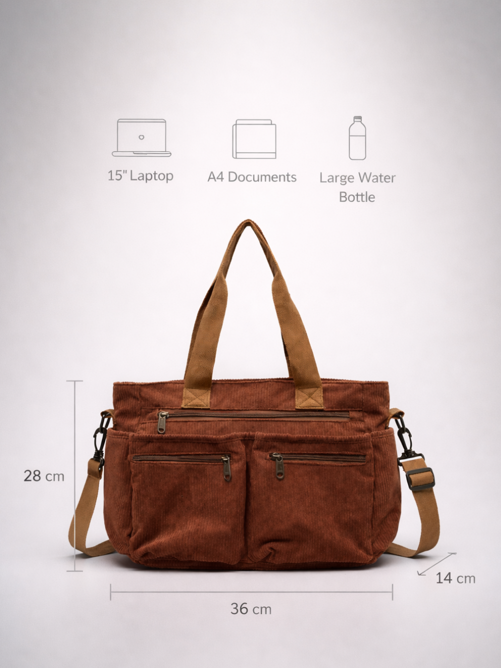 Brown Corduroy Multi-Pocket University Tote Bag – 36×28×14 cm
