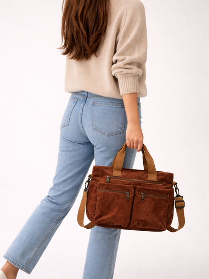 Brown Corduroy Multi-Pocket University Tote Bag – 36×28×14 cm