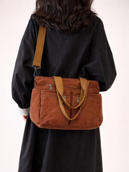 Brown Corduroy Multi-Pocket University Tote Bag – 36×28×14 cm