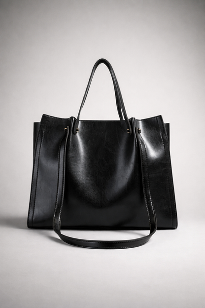 Black leather tote bag on a light gray background
